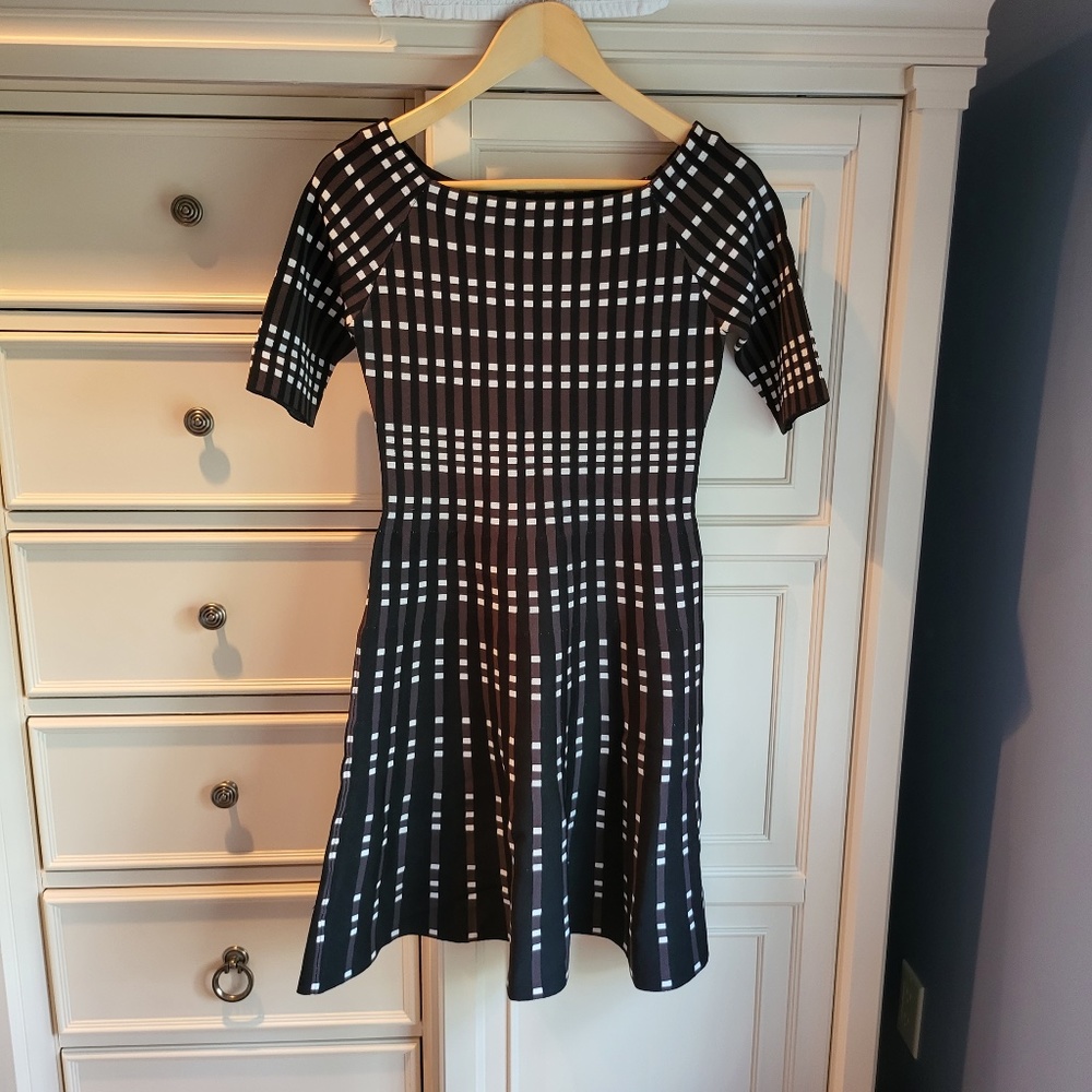 Eliza J Fit and Flare Dress Black with Brown and White Stripes Women's Size XS